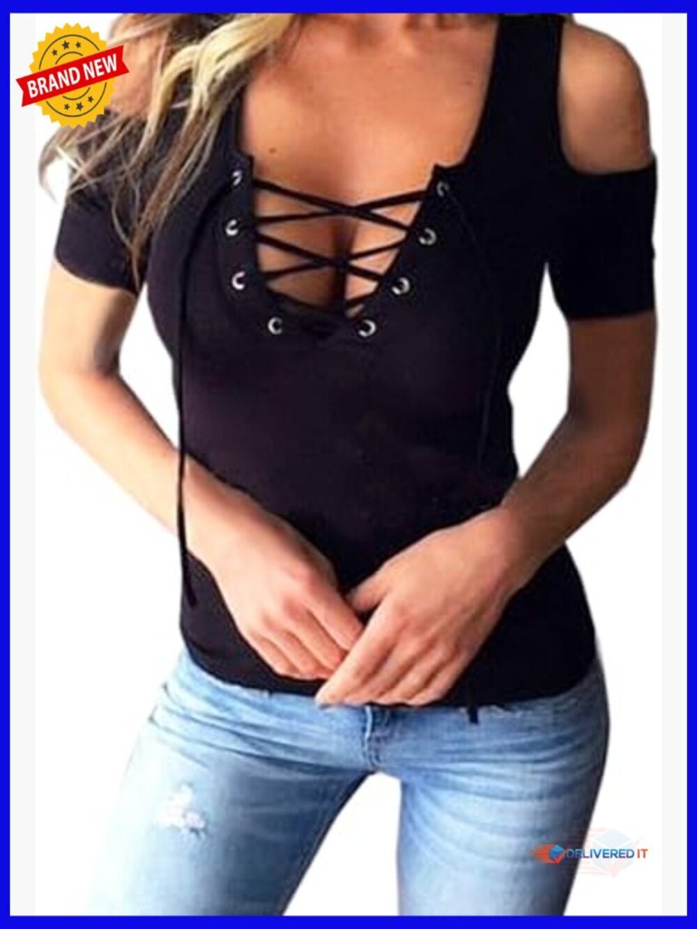 Cold Shoulder Lace Up V Neck Short Sleeve Tee Tops Clubwear Plus Size
